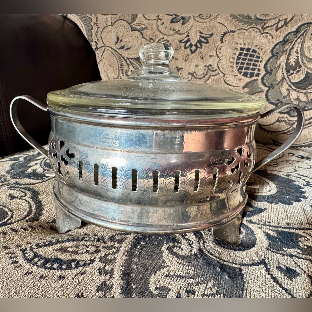 Antique Silver and White Serveware Chafing Dish with Glass Lid